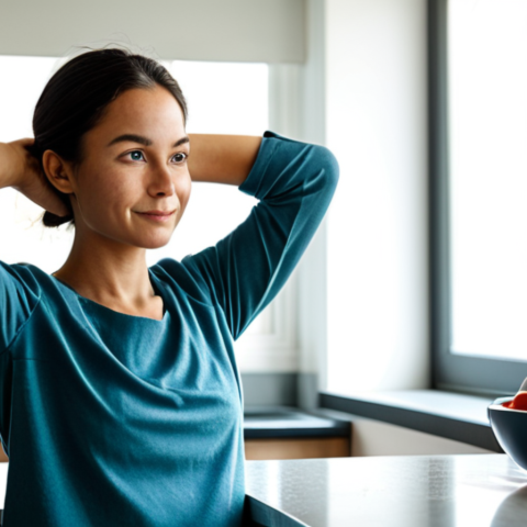 A focused young professional, fully clothed in modest, comfortable attire, gently stretching their arms in a brightly lit, modern kitchen. A nutritious breakfast of oatmeal with berries and nuts is neatly placed on the counter, alongside a glass of water. The scene conveys a sense of calm readiness and healthy habits, with soft morning light streaming through a window. The subject exhibits perfect anatomy, correct proportions, a natural pose, well-formed hands, and proper finger count. safe for work, appropriate content, fully clothed, professional, natural body proportions, high-quality, professional photography.