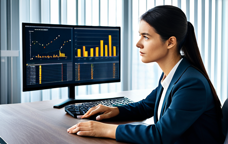 A professional individual, gender-neutral, in a modest business suit, sitting thoughtfully at a desk in a clean, contemporary office. A large monitor displays intricate data visualizations, but their gaze is slightly off-screen, contemplating strategic career shifts. The office features diffused lighting and a modern aesthetic, capturing a moment of deep reflection and future planning. fully clothed, appropriate attire, professional dress, safe for work, perfect anatomy, correct proportions, natural pose, well-formed hands, proper finger count, natural body proportions, professional photography, high quality, appropriate content, family-friendly.