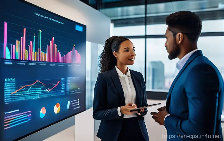 CPA와 기업 재무 분석 - A diverse group of modern financial professionals, including a woman and a man, in a sleek, technolo...