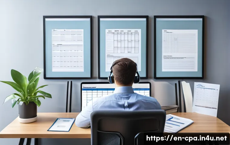 공인회계사 자격증 유효기간 관리 - A professional CPA office scene showing a focused accountant sitting at a modern desk with dual moni...