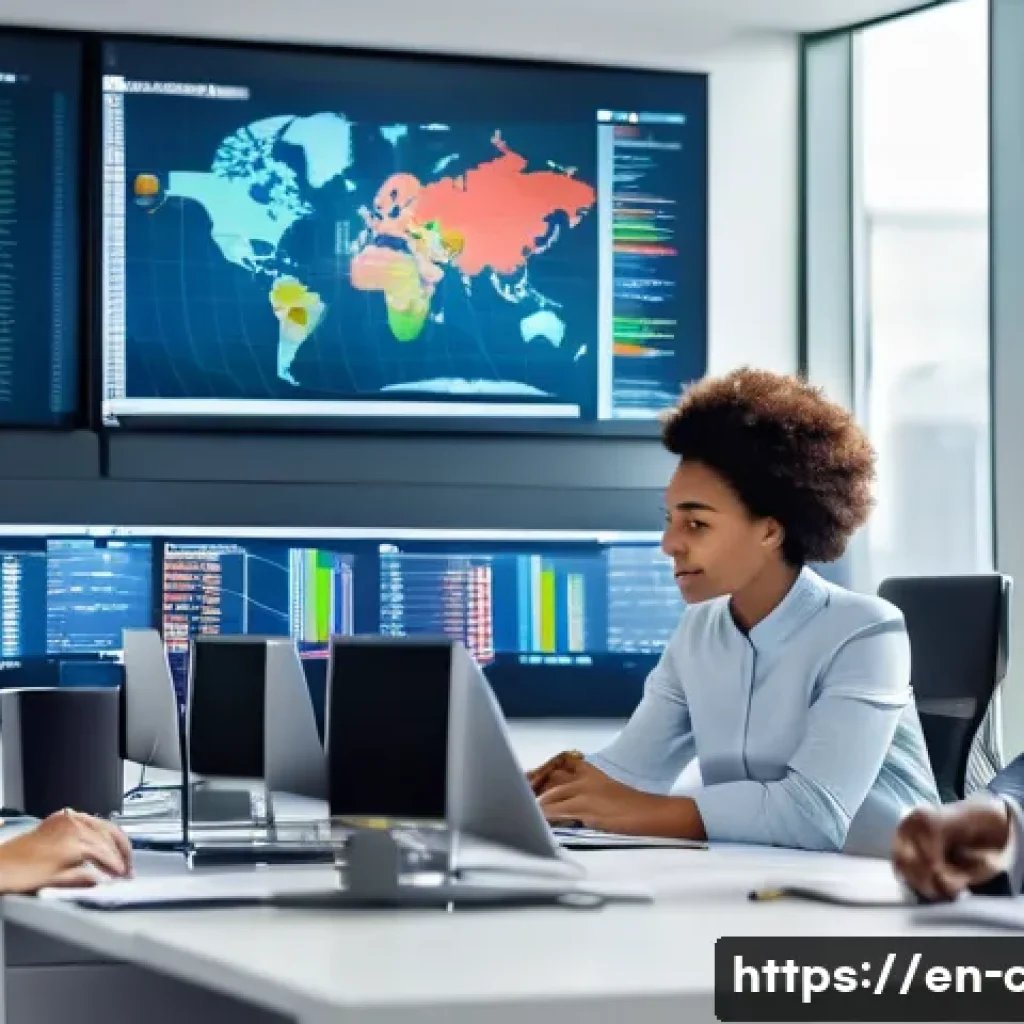 CPA와 다국적 기업 감사 - A modern multinational audit team collaborating in a high-tech office environment, featuring diverse...