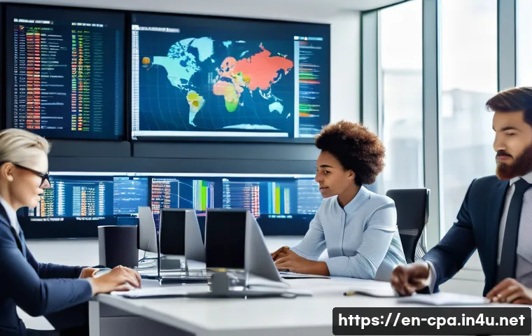 CPA와 다국적 기업 감사 - A modern multinational audit team collaborating in a high-tech office environment, featuring diverse...