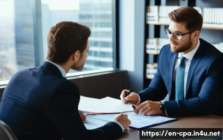 공인회계사와 윤리적 딜레마 - A professional CPA office scene showing a confident accountant in business attire educating a client...