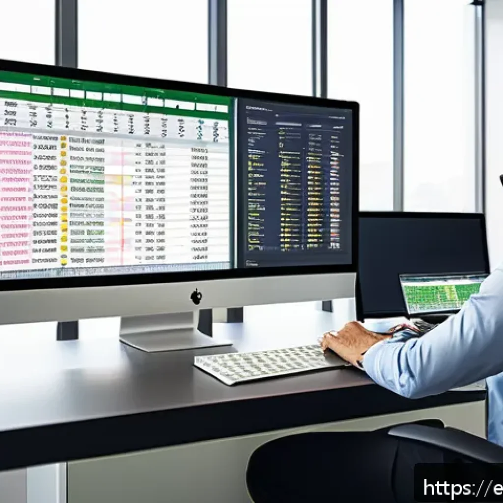 CPA 엑셀 사용 꿀팁 - A modern office workspace with a professional accountant using a large widescreen monitor displaying...