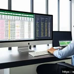 CPA 엑셀 사용 꿀팁 - A modern office workspace with a professional accountant using a large widescreen monitor displaying...