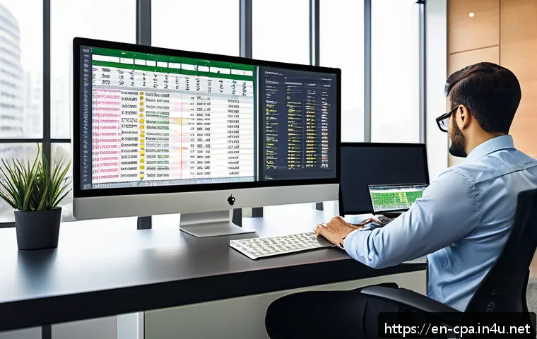 CPA 엑셀 사용 꿀팁 - A modern office workspace with a professional accountant using a large widescreen monitor displaying...