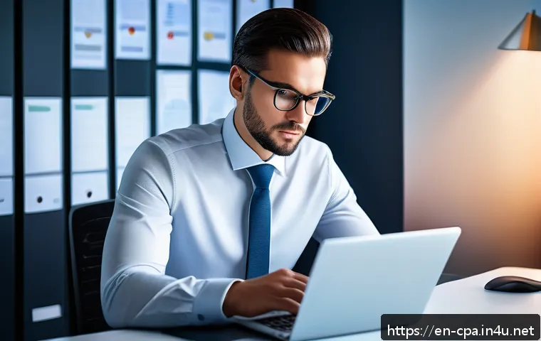 공인회계사로서의 윤리적 책임 - A professional CPA in a modern office environment, thoughtfully reviewing confidential financial doc...